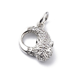 Platinum Brass Micro Pave Cubic Zirconia Charms, with Jump Ring, Leopard/Cheetah Head Charms, Platinum, 13x10.5x4mm, Hole: 3.2mm