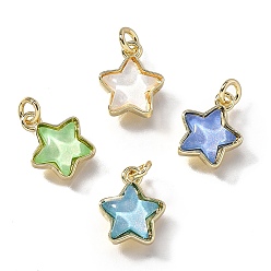 Настоящее золото 18K Латунь прелести, звезда со стеклом и блестящей пудрой, долгоиграющий, без свинца и без кадмия, cmешанных цветов, реальный 18 k позолоченный, 11x9x4 мм, отверстие : 2 мм