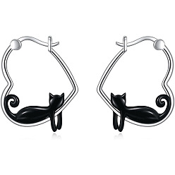 Платина Серьги-кольца из цинкового сплава с эмалью, сердце в форме кошки, платина, 26.2x21 мм