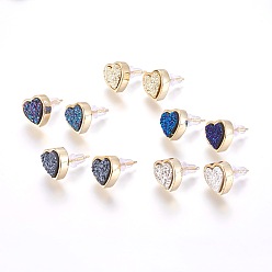(52) Непрозрачная лаванда Латунь серьги, с друзу смолой кабошон, с уха орехов, сердце, золотые, разноцветные, 11x12x4~6 мм , штифт: 0.8 мм