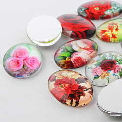Mixed Color Multi-Color Flower Theme Ornaments Glass Oval Flatback Cabochons, Mixed Color, 18x13x4mm