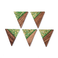Зеленый лайм Подвески из непрозрачной смолы и орехового дерева, треугольник прелести, с блестящей пудрой и золотой фольгой, зеленый лайм, 35~36.5x30.5~31x3~3.5 мм, отверстие : 2 мм