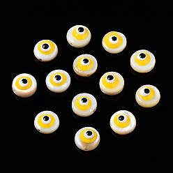 Yellow Natural Freshwater Shell Beads, with Enamel, Flat Round with Evil Eye, Yellow, 6x3~4mm, Hole: 0.8mm