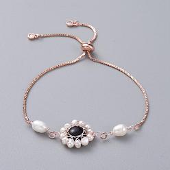 Black Stone Adjustable Rose Gold Plated Brass Slider Bracelets, Bolo Bracelets, with Rhinestone, Natural Pearl, Natural Black Stone Cabochons and Cardboard Packing Box, 9-1/2 inch(24cm)