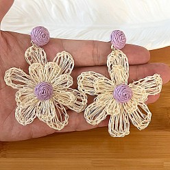 Средняя Орхидея Серьги-гвоздики из богемской рафии с льном, полукруглый с цветком, средне орхидеи, 75x60 мм