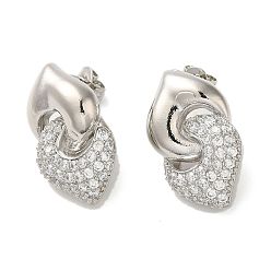 Platinum Interlocking Heart Rack Plating Brass Micro Pave Cubic Zirconia Stud Earrings for Women, Long-Lasting Plated, Lead Free & Cadmium Free, Platinum, 19.5x15mm