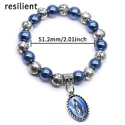 Blue Religion Virgin Charm Alloy and Plastic Round Beaded Stretch Bracelets, Platinum, Blue, Inner Diameter: 2.02 inch(5.12cm)