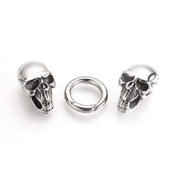 Antique Silver 304 Stainless Steel Spring Gate Rings, O Rings, with Two Cord End Caps, Skull, Antique Silver, 55x15x14mm