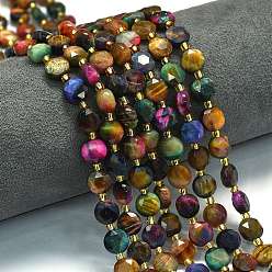 Разноцветный Окрашенные естественно тигровый глаз бисер пряди, граненый шестиугольный разрез, плоско-круглые, с бисером, красочный, 8~8.5x5 мм, отверстие : 0.8 мм, около 36 шт / нитка, 15.16'' (38.5 см)