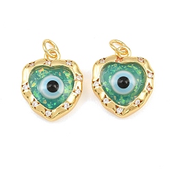 Plaqué 18K Or Véritable Pendentifs en laiton zircon cubique transparent, avec émail noir et résine cyan foncé, coeur avec des charmes de mauvais œil, crémaillère plaquage, plaqué longue durée, sans plomb et sans cadmium, réel 18 k plaqué or, 17x14x6mm, Trou: 3mm