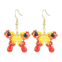 Красный Агат Серьги-подвески из синтетического синего золота и натурального сердолика, со стеклянными бусинами и 304 крючками для сережек из нержавеющей стали, бабочка, 42x26~27 мм