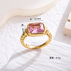 Ярко-Розовый Прямоугольник 304 кольца из нержавеющей стали с микропаве из кубического циркония, золотые, ярко-розовый, размер США 8 (18.1 мм)