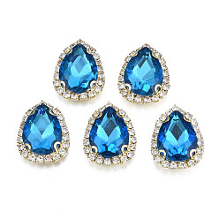 Royal Blue Sew on Rhinestone, Transparent Glass Rhinestone, with Brass Prong Settings, Faceted, Teardrop, Royal Blue, 23x17.5x6.5mm, Hole: 0.9mm