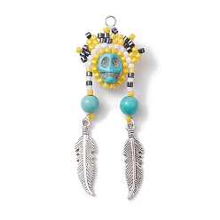 Темно-бирюзовый Подвеска из стекла и синтетической бирюзы, с пером из сплава и 304 переходными кольцами из нержавеющей стали, античное серебро, череп, для Хэллоуина, темные бирюзовый, 55x22x9.5 мм