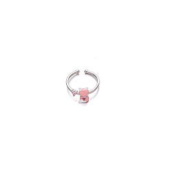 Pink Открытые кольца манжеты из латуни с микропаве и кубическим цирконием, форма кошки и сердце, с эмалью, платина, розовые, размер США 7 (17.3 мм)