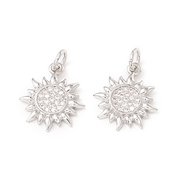Платина Латунные микропаве прозрачные подвески с фианитом, с прыжковых колец, без кадмия и без свинца, долговечный, солнце, платина, 16x14x2 мм, отверстие : 3 мм