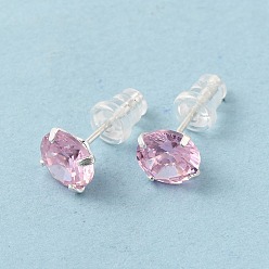 Pink Серьги-гвоздики с кубическим цирконием и бриллиантами, 925 ювелирные изделия из стерлингового серебра для женщин, розовые, 15~16x7 мм, штифты : 0.8 мм