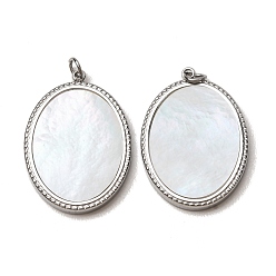 Stainless Steel Color 303 Stainless Steel & Natural Shell Pendants, Oval Charms, Stainless Steel Color, 25.5x18x2.5mm, Hole: 3mm