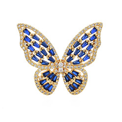 Темно-Синий Открытые манжеты с кубическим цирконием и бабочкой, массивное широкое кольцо из настоящей позолоченной латуни для женщин, без никеля , темно-синий, размер США 18 7 (1/2 мм)