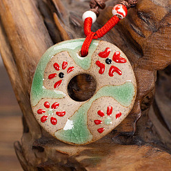 Ring Ретро этнический фарфоровый кулон регулируемые ожерелья из полиэстерового шнура для женщин, красные и светло-зеленые, кольцо, 23.62 дюйм (60 см)