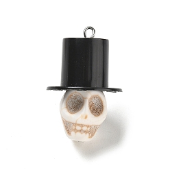 Black Halloween Opaque Resin Pendants, Skull with Hat Charms, with Platinum Iron Loop, Black, 35x23x23mm, Hole: 2x3mm