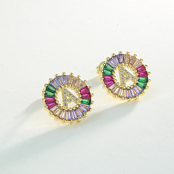 Letter A Серьги-гвоздики из латуни с разноцветными кубическими цирконами, плоско-круглые, золотые, буква a, 16x16 мм