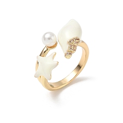 Light Gold Ocean Brass Enamel Finger Rings, Conch Shape with Starfish, with Rhinestone & Plastic Pearl, Light Gold, 12mm, US Size 6(16.5mm)
