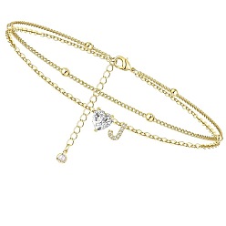 Letter J Двухслойные браслеты на ногу с подвесками в виде сердца и буквы из латуни и кристаллов горного хрусталя, золотые, буква J, 8-5/8 дюйм (220 мм)