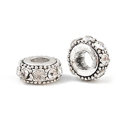 Кристалл Плоские круглые античный посеребренные сплав горный хрусталь европейских бусы, бусины с большим отверстием, кристалл, 14~15x6~7 мм, отверстие : 5 мм