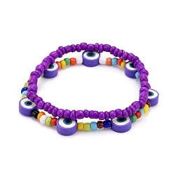 Lila Glasperlen dehnen Armbänder, mit Polymer-Ton-Augenperlen, lila, Innendurchmesser: 2-1/8~2-1/4 Zoll (5.3~5.8 cm), 2 Stück / Set