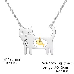 Золотой & Цвет Нержавеющей Стали Двухцветный 304 подвеска из нержавеющей стали в виде милого кота с рыбкой для женщин, золотые и нержавеющая сталь цвет, 17.72 дюйм (45 см)