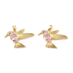 Pink Латунные микро проложить кубического циркония подвески, без кадмия и без свинца, птица, реальный 18 k позолоченный, розовые, 23x22.5x5 мм, отверстие : 5x3 мм