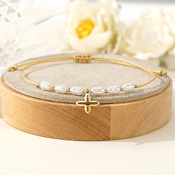 Золотой 304 из нержавеющей стали шарм браслеты, Плетеные браслеты для женщин из пластика с имитацией жемчуга и латунных бусин., крестик, золотые, 11.02 дюйм (28 см)