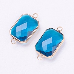 Темно-Голубой Соединители стеклянные ссылки, с латунной фурнитурой , граненые, восьмиугольник, золотой свет, глубокое синее небо, 25.5x13.8x6.7 мм, отверстие : 2.4 мм