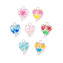 Платина Подвески-коннекторы из прозрачного стекла ручной работы, сердечные ссылки, с латунными двойными петлями, разноцветные, платина, 18.5x13.5x8.5 мм, отверстия : 3 mm и 1.6 мм