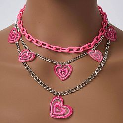 Нержавеющая Сталь Цвет Подвеска в виде розового акрилового сердца с блестками 304 цепочка из нержавеющей стали 3 многослойное ожерелье для женщин, цвет нержавеющей стали, 17.72 дюйм (45 см)
