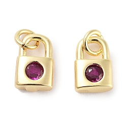 Medium Violet Red Brass Micro Pave Cubic Zirconia Charms, with Jump Ring, Lock, Real 18K Gold Plated, Medium Violet Red, 9x5.5x2.5mm, Hole: 1.6mm