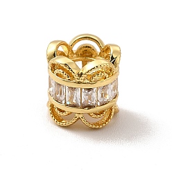 Настоящее золото 18K Стойки обшивки латунь кубического циркония европейский шариков, бусины с большим отверстием, без кадмия и без свинца, долговечный, колонке с цветком, реальный 18 k позолоченный, 7x7.5 мм, отверстие : 4 мм