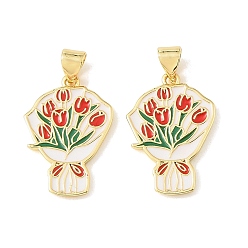 Flower Graduation Season Brass Enamel Pendants, Long-Lasting Plated, Cadmium Free & Lead Free, Real 18K Gold Plated, Red, Tulip Bouquet Charm, 23x15.5x1.7mm, Hole: 4.3x3mm