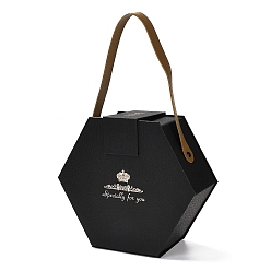 Black Valentine's Day Hexagon Cardboard Gift Boxes, with PU Imitation Leather Handles, Black, 28.5cm, Bag: 16.5x18.5x8cm