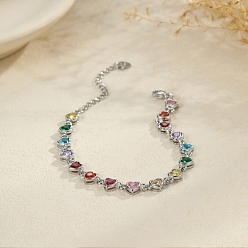 Сердце 304 Теннисные браслеты из нержавеющей стали с разноцветными кубическими циркониями для женщин, цвет нержавеющей стали, сердце, 6.81 дюйм (17.3 см)