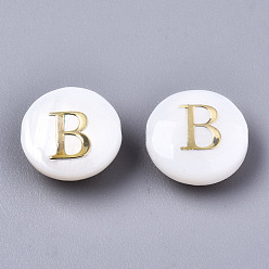 Letter B Natural Freshwater Shell Beads, with Golden Plated Brass Etched Metal Embellishments, Flat Round, Seashell Color, Letter.B, 8x3~5mm, Hole: 0.5~07mm