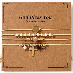 Желтая Старая Ткань  Плетеные браслеты из бисера в стиле бохо из латуни и искусственного жемчуга, регулируемые многорядные браслеты из полиэфирного шнура для женщин, сердце и крест с бумажной карточкой, старое кружево, внутренний диаметр: 11 дюйм (28 см)