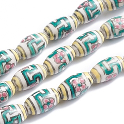 Цветок Ручной печатный шарики фарфора, овальные, цветочный узор, 14~16x8~9 мм, отверстие : 1.5~2 мм, около 23 шт / нитка, 13.5 дюйм (34 см)