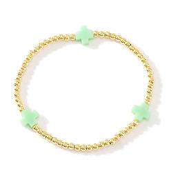 Бледно-Зеленый Латунные эластичные браслеты с круглыми бусинами, украшения из смолы крест для женщин, бледно-зеленый, 7-7/8 дюйм (20 см), внутренний диаметр: 6-7/8 дюйм (17.5 см)