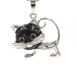 Blue Goldstone Synthetic Blue Goldstone Pendants, with Platinum Plated Brass Findings, Cat Shape Charms, 35x29x10mm