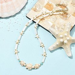 Floral White Summer Beach Dyed Synthetic Turquoise Starfish Turtle & Natural Shell Column Graduated Beaded Necklaces with Natural Amazonite Faceted Round Beads, Golden, Floral White, 16.26 inch(41.3cm)