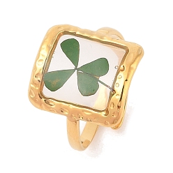 Золотой Квадратное ионное покрытие (IP) 304 открытые манжеты из нержавеющей стали для женщин, с эпоксидной смолой и сухоцветом внутри, золотые, 15.5 мм, регулируемый