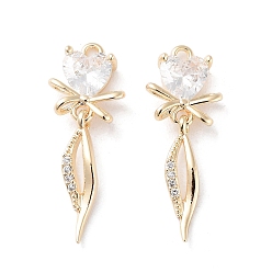 Настоящее золото 18K Стеклянные подвески, с латунной фурнитурой , сердце с шармом бантом, реальный 18 k позолоченный, 26x9.5x3 мм, отверстие : 1.2 мм