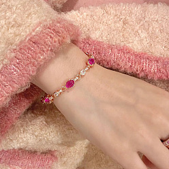 Золотой Браслеты из латунных овальных звеньев с микропаве из прозрачных кубических цирконий для женщин, со стеклом, золотые, 6-3/8 дюйм (16.3 см)